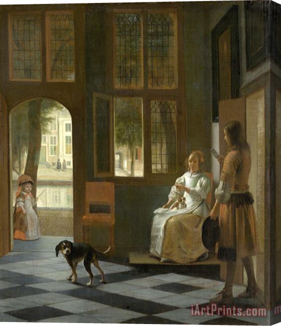 Pieter de Hooch Man Handing a Letter to a Woman in The Entrance Hall of a House Stretched Canvas Print / Canvas Art