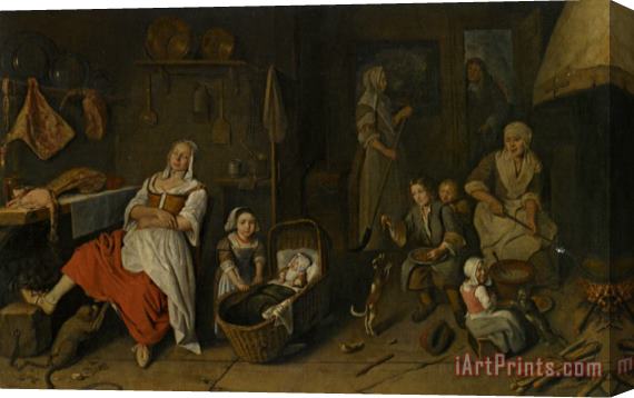 Pieter Gerritsz. Van Roestraeten A Kitchen Interior with a Woman Cooking at The Hearth Children Playing And a Woman Resting by The Butchers Table Stretched Canvas Print / Canvas Art