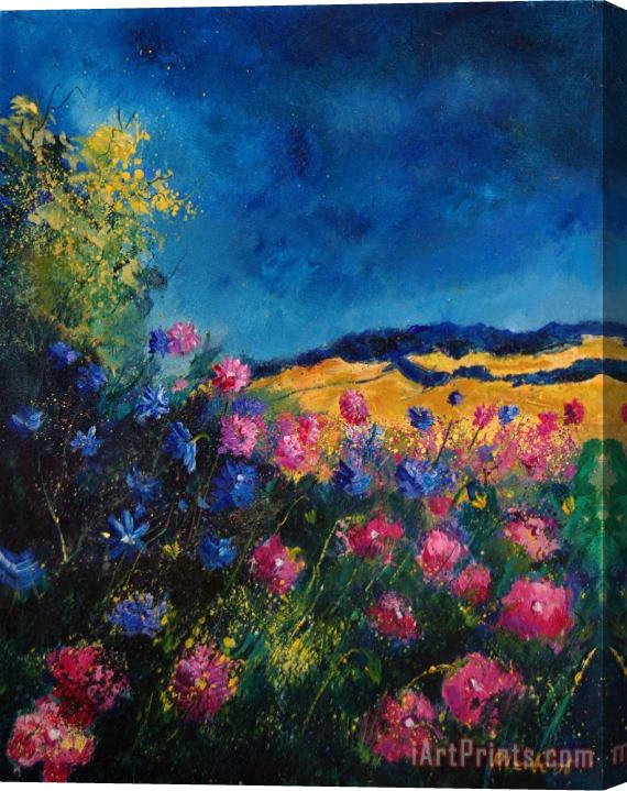 Pol Ledent Blue and pink flowers Stretched Canvas Painting / Canvas Art