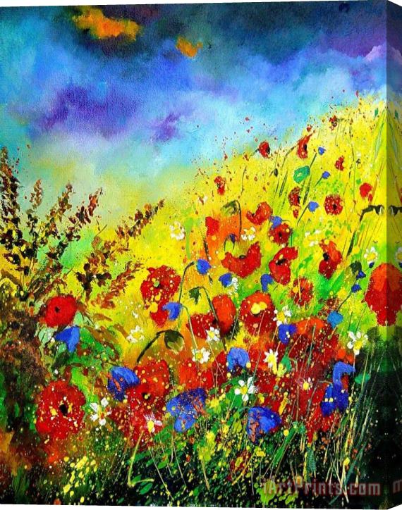 Pol Ledent Poppies and blue bells Stretched Canvas Print / Canvas Art