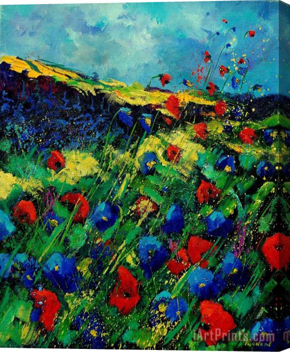Pol Ledent Red and blue poppies 56 Stretched Canvas Painting / Canvas Art
