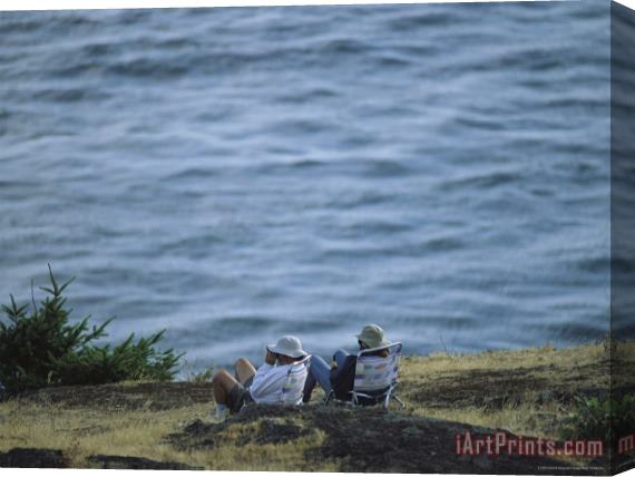 Raymond Gehman A Couple Sits on a Shore Observing Killer Whales Swimming Offshore Stretched Canvas Painting / Canvas Art