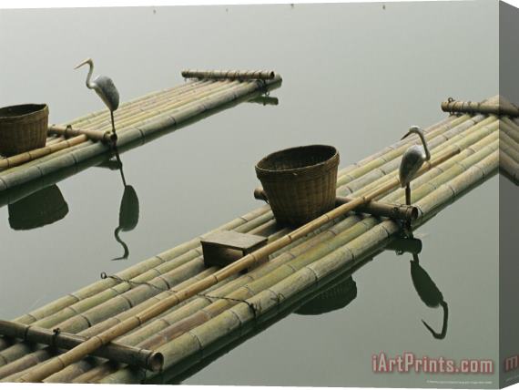 Raymond Gehman Bamboo Rafts with Heron Artwork And Baskets on a Calm Lake Stretched Canvas Print / Canvas Art