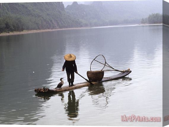 Raymond Gehman Cormorant Fisherman on Bamboo Raft Li River Guilin Guangxi China Stretched Canvas Print / Canvas Art