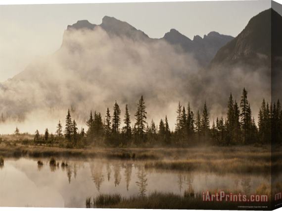 Raymond Gehman Foggy Sunrise Over The Vermilion Lakes Stretched Canvas Painting / Canvas Art