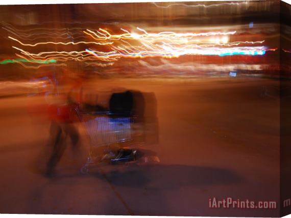 Raymond Gehman Man Pushing a Shopping Cart on a San Francisco Street at Night Stretched Canvas Print / Canvas Art
