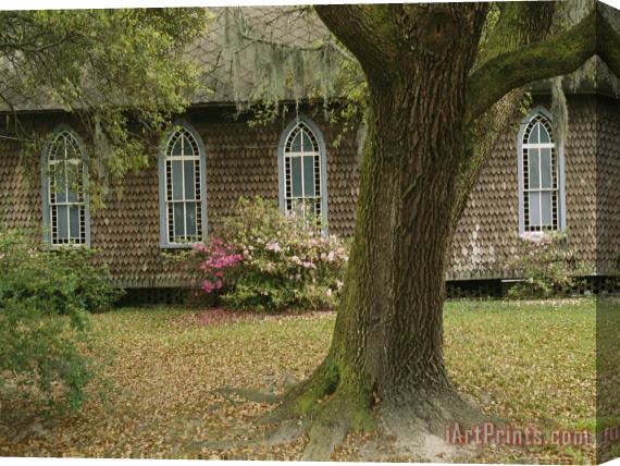 Raymond Gehman Old Church with Blooming Azaleas Oak Tree And Spanish Moss Stretched Canvas Painting / Canvas Art