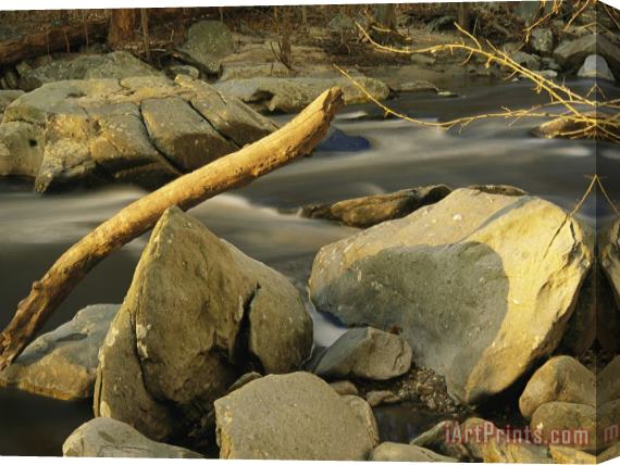Raymond Gehman Rock Creek Rushes Past Large Boulders And Driftwood at Sunset Stretched Canvas Print / Canvas Art