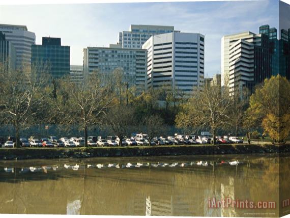 Raymond Gehman Rosslyn And Parked Cars Seen Over Potomac River From Roosevelt Island Stretched Canvas Print / Canvas Art