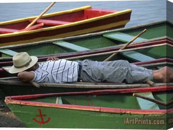 Raymond Gehman Tour Boat Guide Naps in Rowboats on Li River Guilin Guangxi China Stretched Canvas Print / Canvas Art