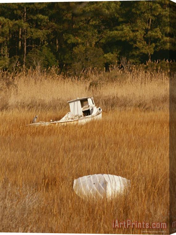 Raymond Gehman Watermens Boats And a Great Blue Heron in a Cordgrass Salt Marsh Stretched Canvas Painting / Canvas Art