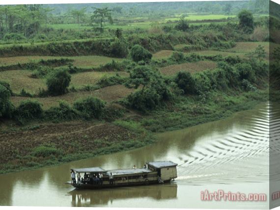 Raymond Gehman Workers on Boat Mingjiang River Farm Fields Behind Guangxi China Stretched Canvas Painting / Canvas Art