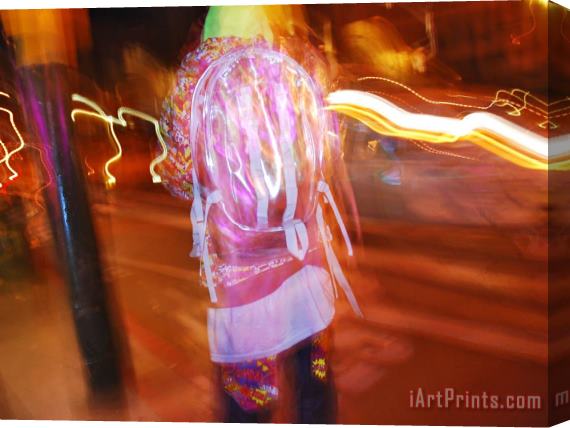 Raymond Gehman Young Person in Colorful Garb Walking a San Francisco Street at Night Stretched Canvas Painting / Canvas Art