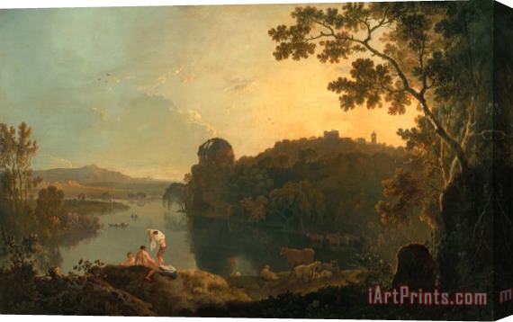 Richard Wilson River scene- bathers and cattle Stretched Canvas Painting / Canvas Art