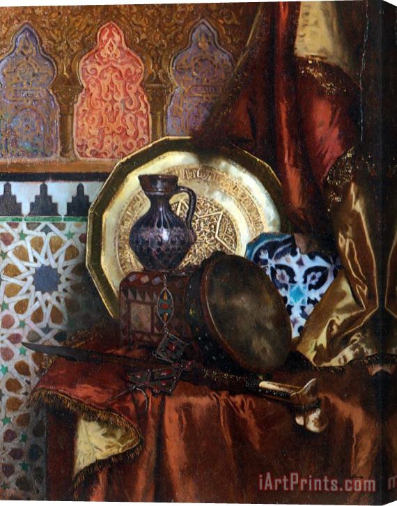 Rudolf Ernst A Tambourine, Knife, Moroccan Tile And Plate on Satin Covered Table Stretched Canvas Print / Canvas Art
