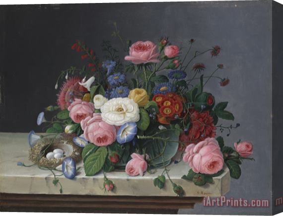 Severin Roesen Still Life With Flowers and Bird's Nest Stretched Canvas Painting / Canvas Art