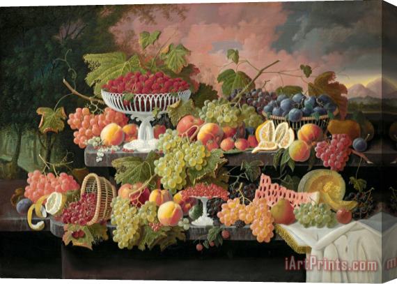 Severin Roesen Two Tiered Still Life with Fruit And Sunset Landscape Stretched Canvas Print / Canvas Art
