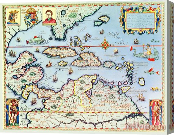Theodore de Bry Map of the Caribbean islands and the American state of Florida Stretched Canvas Print / Canvas Art