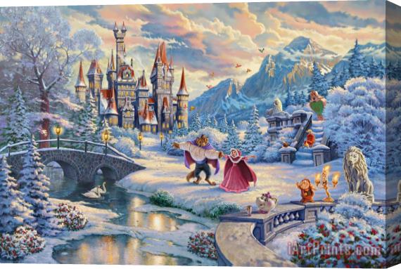 Thomas Kinkade Beauty And The Beast's Winter Enchantment Stretched Canvas Print / Canvas Art