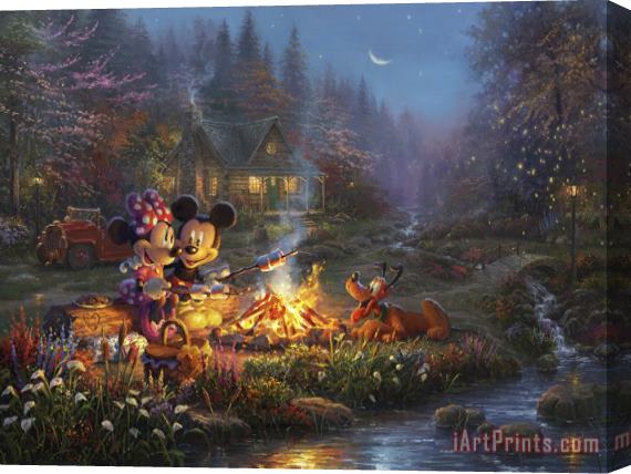 Thomas Kinkade Mickey And Minnie Sweetheart Campfire Stretched Canvas Print / Canvas Art