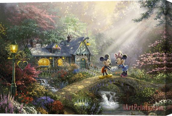 Thomas Kinkade Mickey & Minnie Sweetheart Bridge Stretched Canvas Print / Canvas Art