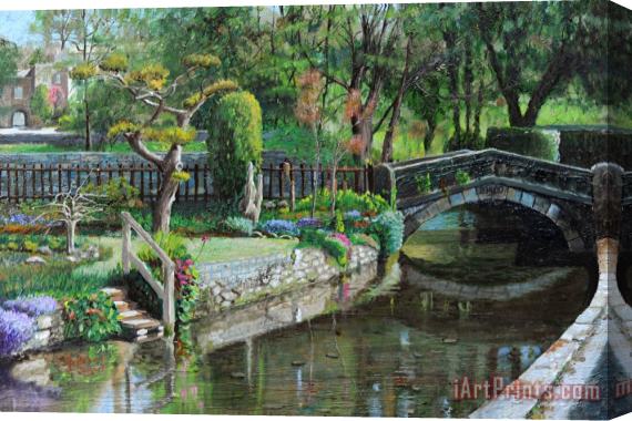 Trevor Neal Bridge and Garden - Bakewell - Derbyshire Stretched Canvas Painting / Canvas Art