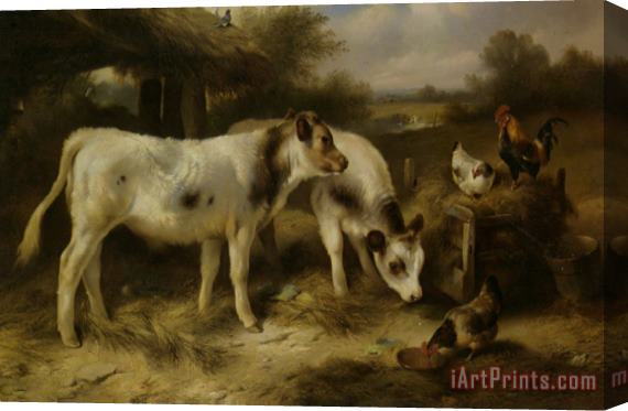 Walter Hunt Calves And Hens Feeding Stretched Canvas Print / Canvas Art