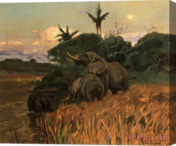 Wilhelm Kuhnert A Herd of Elephants by Moonlight Stretched Canvas Painting / Canvas Art