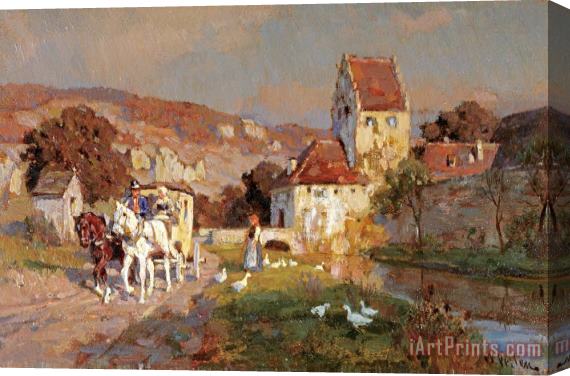 Wilhelm Velten A Horse And Carriage by a River Stretched Canvas Print / Canvas Art