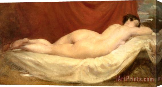 William Etty Nude Lying On A Sofa Against A Red Curtain Stretched Canvas Painting / Canvas Art