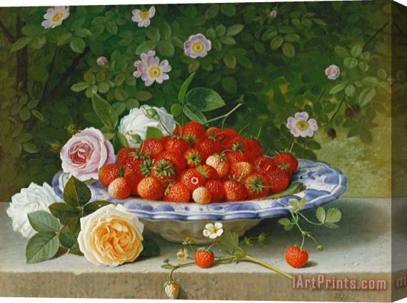 William Hammer Strawberries In A Blue And White Buckelteller With Roses And Sweet Briar On A Ledge Stretched Canvas Painting / Canvas Art