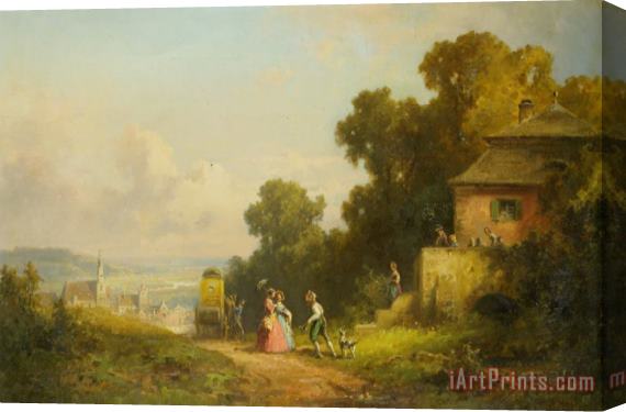 Willy Moralt Figures And a Carriage on a Path with a Village Beyond Stretched Canvas Painting / Canvas Art