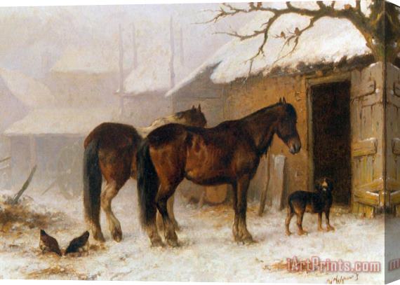 Wouterus Verschuur Jr Horses in a Snow Covered Farm Yard Stretched Canvas Print / Canvas Art