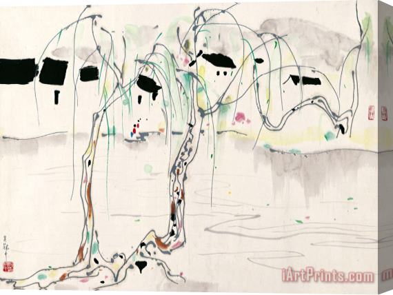 Wu Guanzhong House And Willow Tree Stretched Canvas Print / Canvas Art