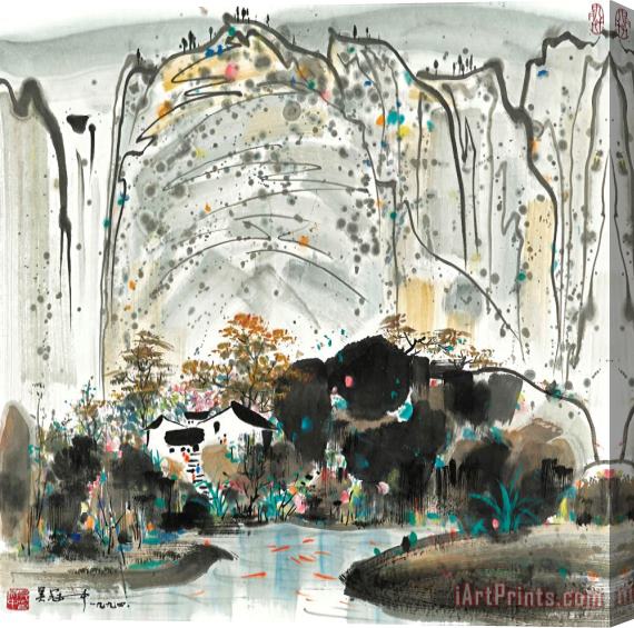 Wu Guanzhong House by The Waterfall Stretched Canvas Print / Canvas Art