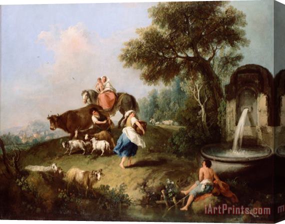 Zuccarelli, Francesco Landscape with a Fountain, Figures And Animals Stretched Canvas Painting / Canvas Art